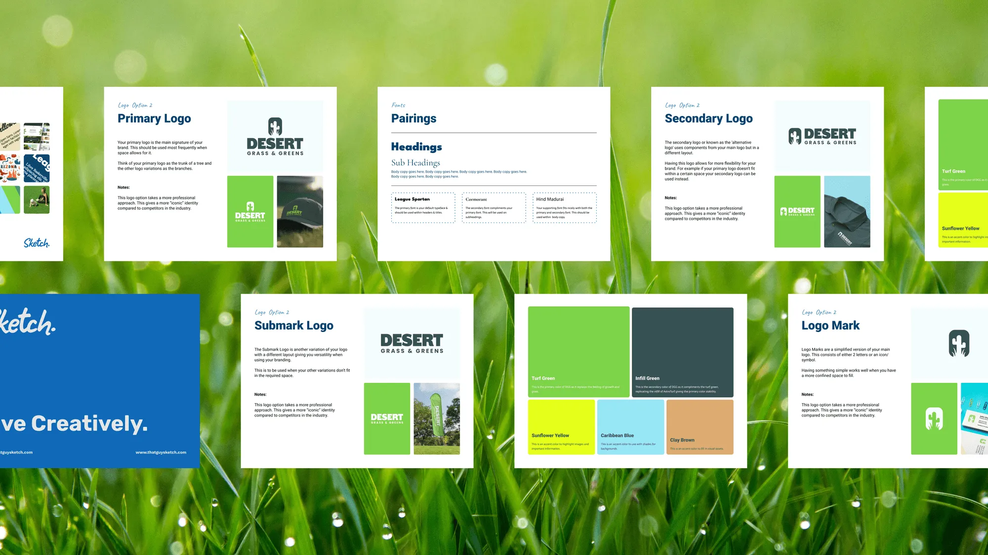 Brand guideline pages: primary logo, submark, type pairings and colour palette