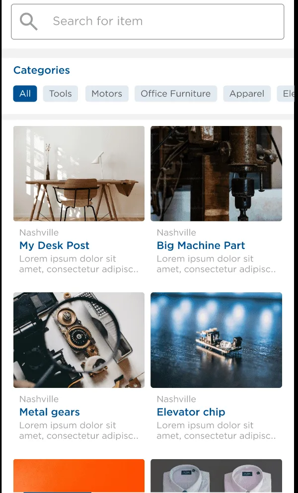 Swap Shop mobile prototype: item search, category filters and listings